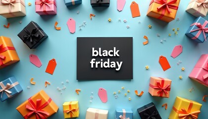 Scattered colorful gift boxes and sale tags surround a black board with Black Friday text. Offers and discounts for holiday shoppers create excitement and a festive mood.