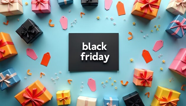 Scattered colorful gift boxes and sale tags surround a black board with Black Friday text. Offers and discounts for holiday shoppers create excitement and a festive mood.