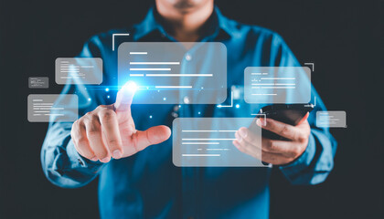 A person interacting with digital interface via mobile. Person uses finger touch screen with digital screen