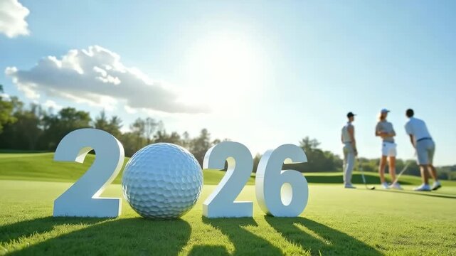 numbers 2026 with golf ball and players standing on field, concept of sports, brands and tournament promotions, leisure.