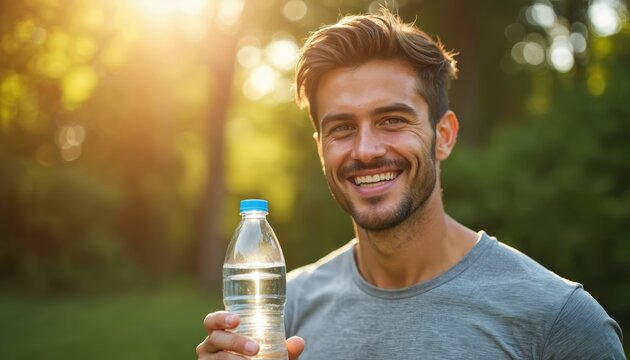Young man with beard holds water bottle. Smiles, looks happy, feeling refreshed outdoors in bright morning sunlight. Sportive person enjoys hydration after workout in green park, promoting good