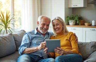 Elderly couple sits on couch laughing while looking at tablet. Husband and wife browse web on digital device together. Relaxed seniors enjoy leisure time indoors at home, sharing content online.