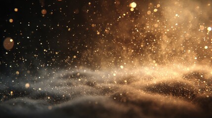 Sparkling golden dust particles drift through ethereal smoky clouds creating a magical, celebratory atmosphere perfect for festive events or luxury branding.