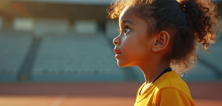 Inspired little girl watches a sport game in a stadium. This young child fan in yellow jersey looks up with awe, dreaming of becoming a future athlete. Her face shows hope. - Powered by Adobe