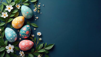 Decorated Easter eggs with floral and snowflake patterns rest among green leaves and white flowers on dark blue background. Plenty of copy space for your festive messages and greetings.