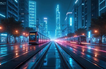 Obraz premium Futuristic trams travel on railway through glowing smart city at night. Tall skyscrapers with blue neon lights illuminate wet streets. Modern public transport network shows innovation high speed,
