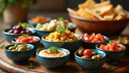 Middle Eastern appetizers, dips served in decorative ceramic bowls on wooden board. Hummus, olives, chopped tomatoes, corn salsa, savory spreads ready for sharing. Fresh herbs garnish delicious side