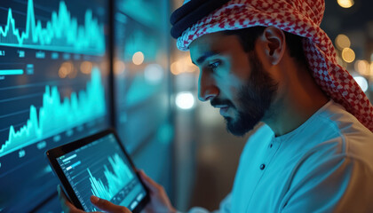 Arab man looks at digital tablet displaying financial charts. He is in modern office, analyzing stock market data. Growth charts on big screen behind him.