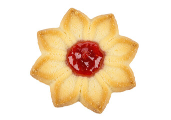 Isolated flower shaped sugar cookie with jam filling for snack or holiday treat