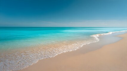 Obraz premium Vibrant Turquoise Ocean Gently Lapping a Pristine Golden Sandy Beach Under a Clear Blue Sky A Perfect Tropical Paradise