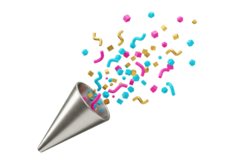 Isolated metallic party popper exploding with colorful confetti, holiday celebration theme