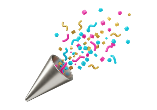 Isolated metallic party popper exploding with colorful confetti, holiday celebration theme