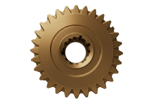 Golden gear PNG illustration isolated on transparent background mechanical component cogwheel engineering part machine element industrial equipment