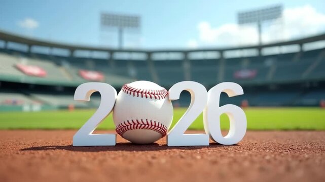 Numbers 2026 with baseball standing on field in stadium, concept of sports, teamwork, competition and championship promotions.