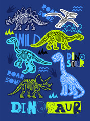 llustration for t-shirts with colourful drawing dinosaur skeleton. Print design for boy on blue background. Grunge style vector © artlavi_design