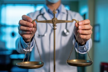 A doctor holding a balance scale in front of their body in a medical setting with a stethoscope