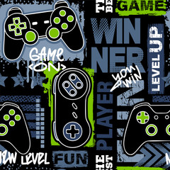 Seamless abstract pattern with joysticks game. Bright colorful vector Print for boys on black background © artlavi_design