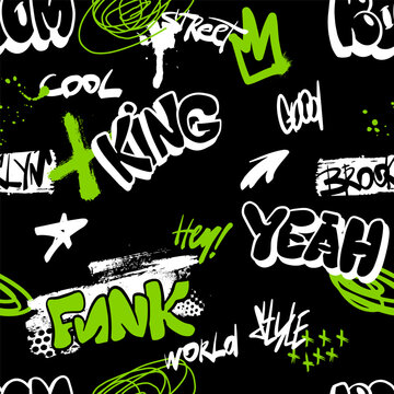Abstract seamless chaotic pattern with graffiti words. Grunge texture background. Wallpaper for boys. Fashion urban  style