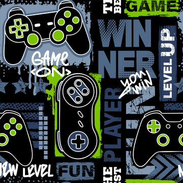 Seamless abstract pattern with joysticks game. Bright colorful vector Print for boys on black background