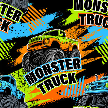 Abstract seamless grunge pattern for boy. Grunge style Monster Truck  trace of tire on white background.  Extreme style