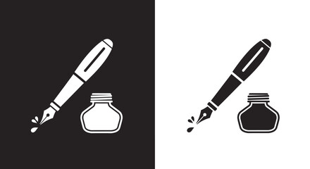 Minimalist Fountain Pen and Inkwell Vector Icon Set in Black and White