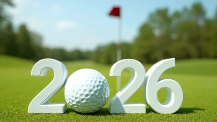 numbers 2026 with golf ball standing on field, concept of sports, brands and tournament promotions, leisure.