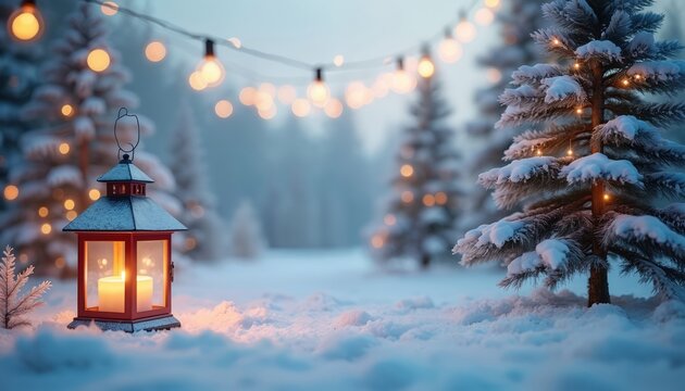 Snow covered pine tree with lights and red lantern with candle. Festive winter forest landscape. Cozy evening scene with warm glow. Holiday celebration atmosphere.