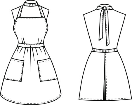 Flat vector illustration of apron dress design, kitchen garment fashion sketch, front and back view, stylish cooking apron template