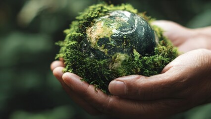 Hands Gently Cradle a Moss-Covered Earth Symbolizing Environmental Protection and Sustainable Future