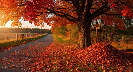A serene autumn landscape featuring a large tree with vibrant red leaves shedding onto a winding pathway, surrounded by lush greenery and a peaceful countryside atmosphere