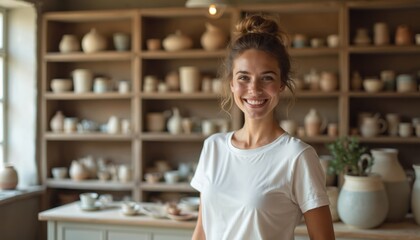 Happy young woman smiles in pottery shop. Shelves full of various handmade ceramic craft items. Female entrepreneur owns small business studio. Artisan shows creativity, sells unique bowls, vases,