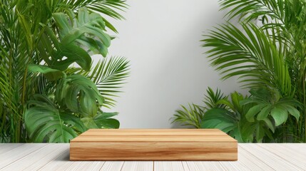A wooden platform sits on a light-colored surface against a backdrop of vibrant tropical plants. The setting is bright and fresh, creating a natural ambiance perfect for presentations.
