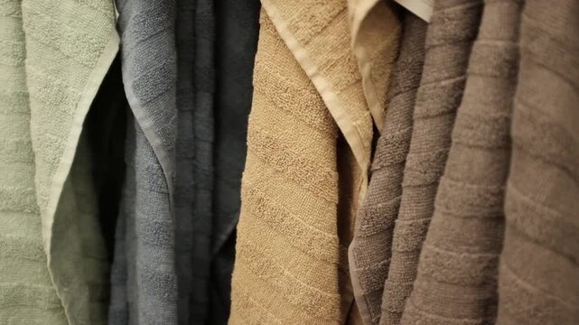 Soft clean folded towels hanging on a hook. Colorful towels in a  laundry room, in bathroom, on a store shelf.