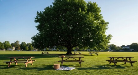 A serene picnic setup beneath a large, verdant tree, with several wooden tables arranged on a lush green lawn, illuminated by soft sunlight and dotted with small floating particles evoking tranquility