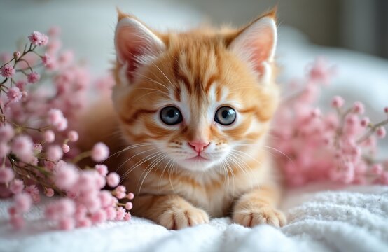 Ginger tabby kitten with blue eyes rests near delicate pink flowers on soft white blanket. Cute baby cat looks at camera, evokes tenderness and innocence, perfect for spring greetings.