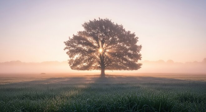 A solitary tree stands majestically in a foggy field at dawn, with sunlight filtering through its branches, casting a warm glow on the dewy grass below, creating a serene and tranquil atmosphere