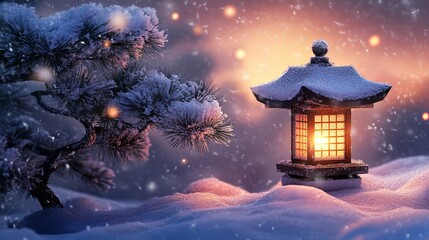 Warm lantern glows in serene snowy landscape, casting magical light on frosted pine branches during peaceful winter sunset