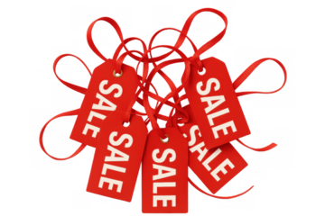 Red sale tags with white text and matching ribbons promoting discounts and offers for shopping. Image on transparent background