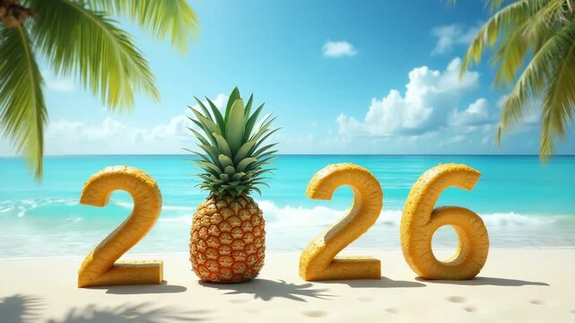 2026 numbers against tropical beach with palm trees, pineapple instead of zero, festive holiday concept of travel brands and christmas promotions.