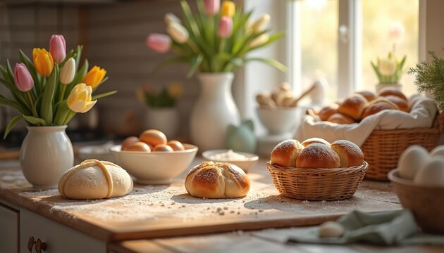 Kitchen scene with tulips and freshly baked Easter bread rolls in baskets on wooden counter. Eggs and flour await baking in cozy sunlit room, preparing for spring holiday. - Powered by Adobe