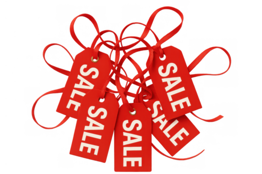 Red sale tags with white text and matching ribbons promoting discounts and offers for shopping. Image on transparent background