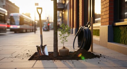 A freshly planted small tree with a round root ball is set in a prepared soil patch on an urban sidewalk, accompanied by a shovel and a garden hose, with a city bus in the background