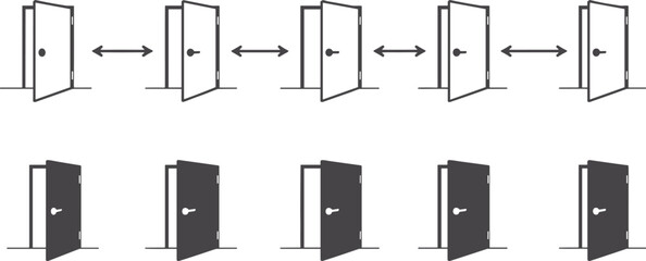 Open and closed door icons, vector flat illustration, decision concept, opportunity, access choice, transition, minimal design, business metaphor, graphic element