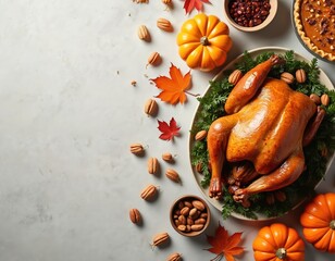 Golden roasted turkey chicken on platter with fresh green herbs. Fall table setting shows small orange pumpkins, vibrant autumn leaves, various nuts, delicious pecan pie. Traditional homemade holiday