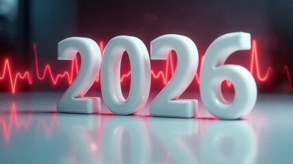 2026 numbers with glowing red ecg heartbeat line, medical concept of healthcare brands.