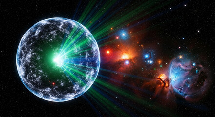 Image of a cosmic green and blue planet with radial light bursts in a starfield, representing space exploration, technology, and potential discovery