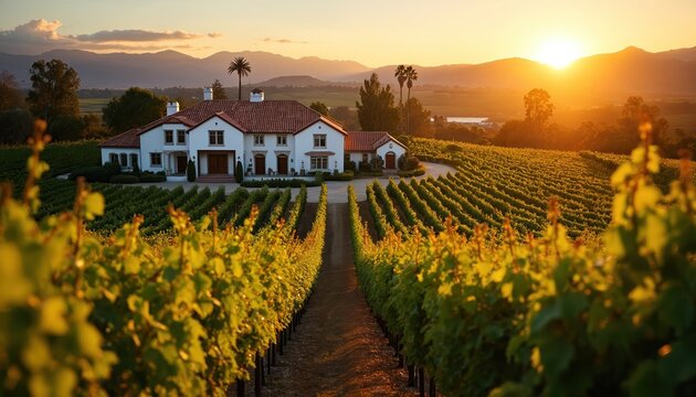 Vineyard estate at sunset in California. Rows of grape vines lead to house. Golden sunlight bathes rural landscape. Luxury property among hills, palm trees. Wine agriculture background. Idyllic,