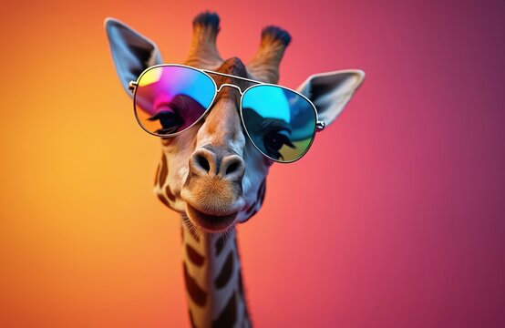 Giraffe wearing reflective aviator sunglasses. This portrait features a fun, quirky animal with a long neck. Bright, colorful studio background. Cool giraffe.