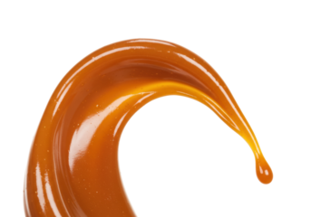 Caramel sauce splash PNG isolated on transparent background sweet dessert topping flowing liquid food