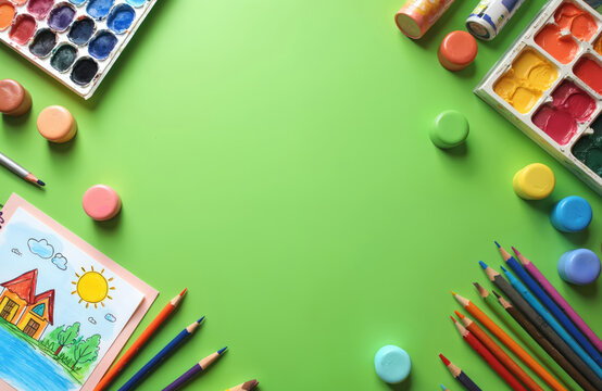 Drawing supplies on green. Pencils and paints with drawn house picture on bright green background. Back to school art class studio shot. Creative artistic workplace for elementary school kids.